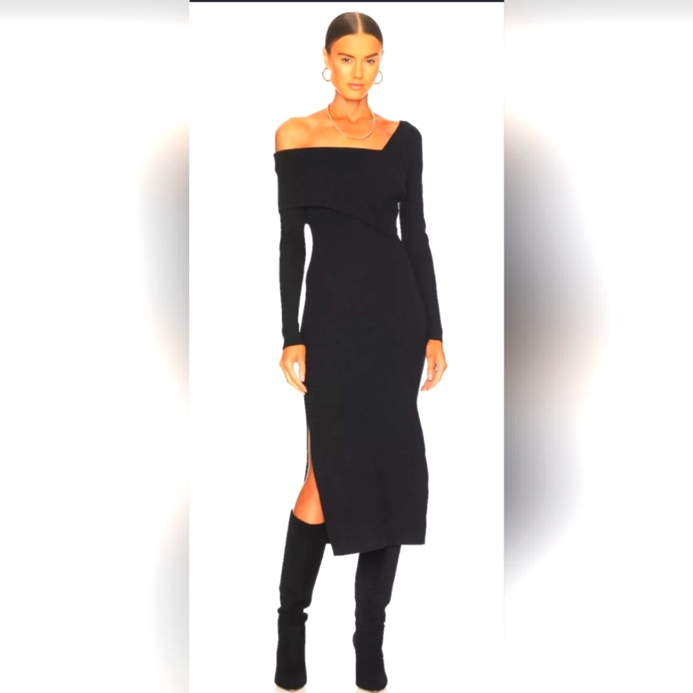 Line & Dot Black Off-Shoulder Midi Dress